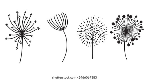 Siluetas de flores de diente de león. La primavera florece la Ilustración vectorial de los garabatos de las flores de bola de soplo. Silueta de naturaleza esponjosa de diente de león