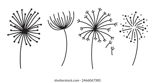 Siluetas de flores de diente de león. La primavera florece la Ilustración vectorial de los garabatos de las flores de bola de soplo. Silueta de naturaleza esponjosa de diente de león