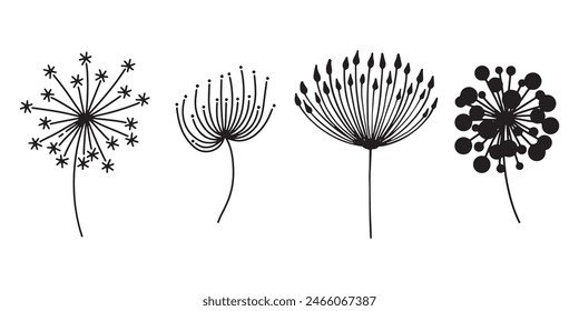Dandelion flower silhouettes. Spring season blooming blowball flowers doodles vector illustration. Dandelion fluffy nature silhouette