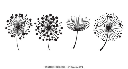 Siluetas de flores de diente de león. La primavera florece la Ilustración vectorial de los garabatos de las flores de bola de soplo. Silueta de naturaleza esponjosa de diente de león