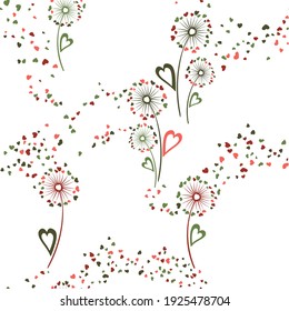 Dandelion flowers cute vector seamless pattern. Textile print design. Rustic dandelion blowing flowers isolated illustration. Heart shaped seeds. Valentine seamless ornament.