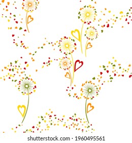 Dandelion flowers cute vector seamless pattern. Wrapping print design. Wild dandelion blowing flowers isolated illustration. Heart shaped petals. Love symbols. Valentine seamless ornament.