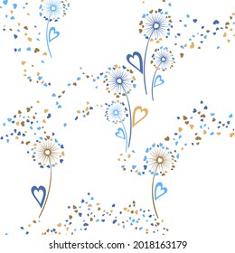 Dandelion flowers cute vector seamless pattern. Fabric print design. Rustic dandelion blowing flowers isolated illustration. Heart shaped seeds. Love symbols. Valentine seamless ornament.