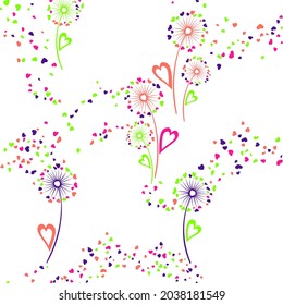Dandelion flowers cute vector seamless pattern. Fabric print design. Doodle dandelion blowing flowers isolated illustration. Heart shaped petals. Valentine seamless ornament.