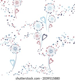 Dandelion flowers cute vector seamless pattern. Fabric print design. Elegant dandelion blowing flowers isolated illustration. Heart shaped petals. Summer seamless ornament.