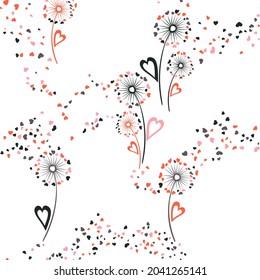 Dandelion flowers cute vector seamless pattern. Wallpaper print design. Rustic dandelion blowing flowers isolated illustration. Heart shaped seeds. Valentine seamless ornament.
