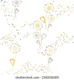 Dandelion flowers cute vector seamless pattern. Textile print design. Doodle dandelion blowing flowers isolated illustration. Heart shaped seeds. Valentine seamless ornament.
