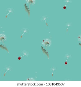 Dandelion flowers head and seeds flying with ladybugs seamless pattern. Surface floral design. Great for vintage fabric, wallpaper, giftwrap, scrapbooking. Wildflowers on green blue background