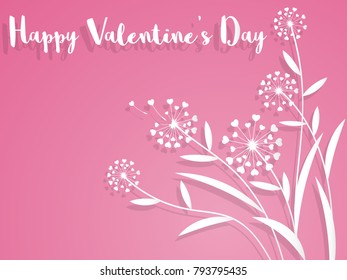Dandelion flowers with heart shape feather, flying petals and Happy Valentine's Day text on pink background.  Valentine's day concept in paper art style for background, advertising and promotion. 