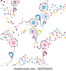 Flores de Dandelion adorable patrón vectorial sin costura. Diseño de impresión de tejido. Ilustración aislada de flores de diente de león orgánico. Pétalos con forma de corazón. Símbolos de amor. Ornamento sin fisuras de San Valentín.