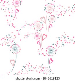 Dandelion flowers lovely vector seamless pattern. Fabric print design. Elegant dandelion blowing flowers isolated illustration. Heart shaped seeds. Valentine seamless ornament.