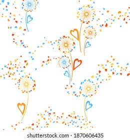 Dandelion flowers lovely vector seamless pattern. Wallpaper print design. Wild dandelion blowing flowers isolated illustration. Heart shaped petals. Love symbols. Valentine seamless ornament.
