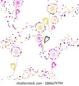 Dandelion flowers lovely vector seamless pattern. Fabric print design. Organic dandelion blowing flowers isolated illustration. Heart shaped petals. Valentine seamless ornament.