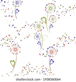 Dandelion flowers original vector seamless pattern. Fabric print design. Organic dandelion blowing flowers isolated illustration. Heart shaped petals. Love symbols. Valentine seamless ornament.