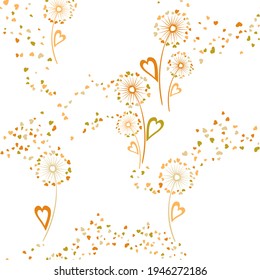 Dandelion flowers original vector seamless pattern. Wallpaper print design. Elegant dandelion blowing flowers isolated illustration. Heart shaped seeds. Love symbols. Valentine seamless ornament.