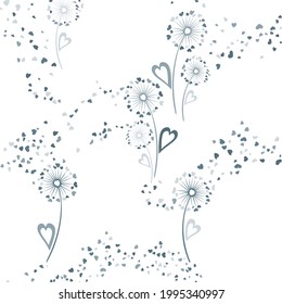 Dandelion flowers original vector seamless pattern. Fabric print design. Elegant dandelion blowing flowers isolated illustration. Heart shaped petals. Valentine seamless ornament.