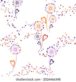 Flores de Dandelion original vectorial sin costura. Diseño de impresión de tejido. Elegante dalión soplando flores aisladas ilustración. Pétalos con forma de corazón. Símbolos de amor. Ornamento veraniego sin fisuras.