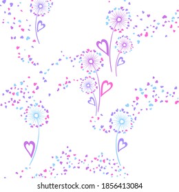 Dandelion flowers unique vector seamless pattern. Wrapping print design. Botanical dandelion blowing flowers isolated illustration. Heart shaped seeds. Love symbols. Summer seamless ornament.