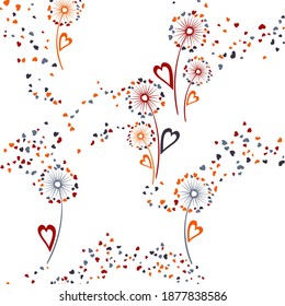 Flores de Dandelion con un único patrón vectorial sin fisuras. Diseño de impresión textil. Ilustración aislada de flores de león botánico. Semillas en forma de corazón. Ornamento veraniego sin fisuras.