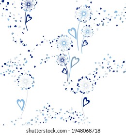 Dandelion flowers unique vector seamless pattern. Wallpaper print design. Doodle dandelion blowing flowers isolated illustration. Heart shaped petals. Love symbols. Valentine seamless ornament.