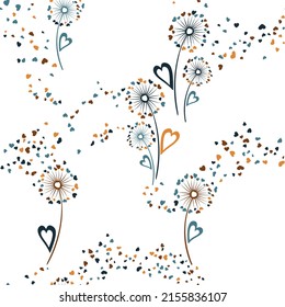 Dandelion Flowers Unique Vector Seamless Pattern. Fabric Print Design. Rustic Dandelion Blowing Flowers Isolated Illustration. Heart Shaped Seeds. Summer Seamless Ornament.