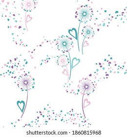 Dandelion flowers unusual vector seamless pattern. Textile print design. Wild dandelion blowing flowers isolated illustration. Heart shaped seeds. Love symbols. Summer seamless ornament.