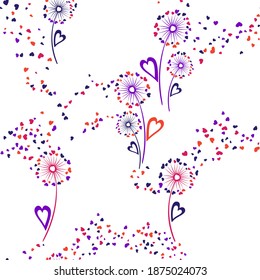 Flores de Dandelion inusual vectorial sin costura. Diseño de impresión textil. Flores de dientes de león rústicos que soplan aisladamente ilustración. Pétalos con forma de corazón. Símbolos de amor. Ornamento veraniego sin fisuras.