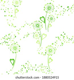 Dandelion flowers unusual vector seamless pattern. Wallpaper print design. Organic dandelion blowing flowers isolated illustration. Heart shaped petals. Summer seamless ornament.