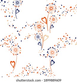 Dandelion flowers unusual vector seamless pattern. Textile print design. Elegant dandelion blowing flowers isolated illustration. Heart shaped petals. Summer seamless ornament. Valentine's Day design