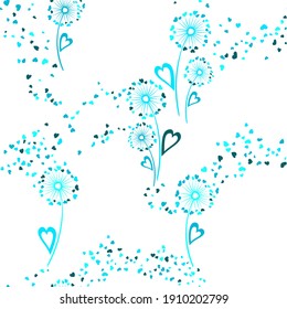 Flores de Dandelion inusual vectorial sin costura. Diseño de impresión de papel tapiz. Ilustración aislada de flores de diente de león orgánico. Semillas en forma de corazón. Ornamento sin fisuras de San Valentín.