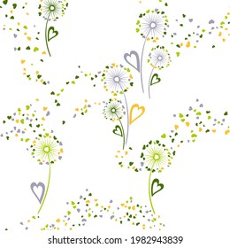Dandelion flowers unusual vector seamless pattern. Wallpaper print design. Organic dandelion blowing flowers isolated illustration. Heart shaped seeds. Love symbols. Valentine seamless ornament.
