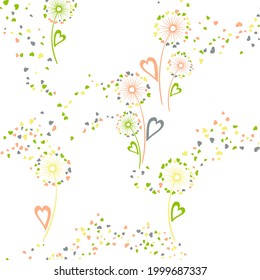 Dandelion flowers unusual vector seamless pattern. Fabric print design. Rustic dandelion blowing flowers isolated illustration. Heart shaped petals. Valentine seamless ornament.