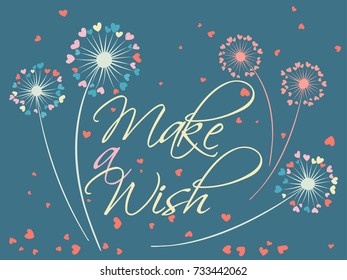 Dandelion flowers valentine background make a wish vector card. Heart shaped feather, leaves, flying petals. Colorful illustration with love concept. Love symbols design. Dandelion blowing and text.