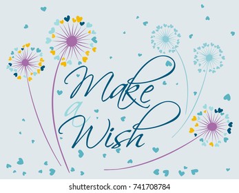 Dandelion flowers valentine background make a wish vector card. Heart shaped feather, leaves, flying petals. Colorful illustration with love concept. Love symbols design. Dandelion blowing and text.