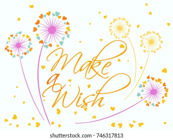 Dandelion flowers valentine background make a wish vector card. Heart shaped feather, leaves, flying petals. Colorful illustration with love concept. Love symbols design. Dandelion blowing and text.