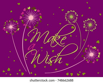 Dandelion flowers valentine background make a wish vector card. Heart shaped feather, leaves, flying petals. Colorful illustration with love concept. Love symbols design. Dandelion blowing and text.