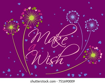 Dandelion flowers valentine background make a wish vector card. Heart shaped feather, leaves, flying petals. Colorful illustration with love concept. Love symbols design. Dandelion blowing and text.
