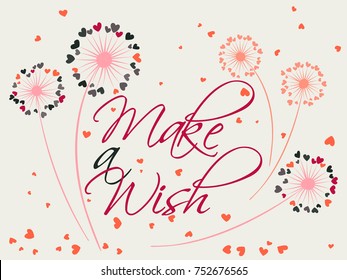 Dandelion flowers valentine background make a wish vector card. Heart shaped feather, leaves, flying petals. Colorful illustration with love concept. Love symbols design. Dandelion blowing and text.