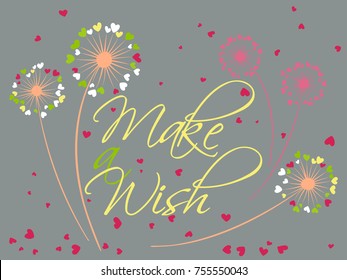 Dandelion flowers valentine background make a wish vector card. Heart shaped feather, leaves, flying petals. Colorful illustration with love concept. Love symbols design. Dandelion blowing and text.