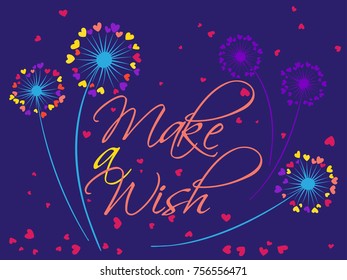 Dandelion flowers valentine background make a wish vector card. Heart shaped feather, leaves, flying petals. Colorful illustration with love concept. Love symbols design. Dandelion blowing and text.