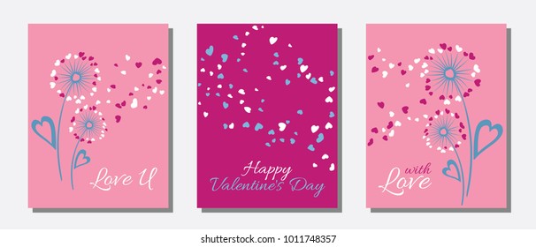 Dandelion flowers valentine template for cards, vector layouts set. With Love, Happy Valentine's Day text on card layouts. Heart shaped flying petals, love symbols. Dandelion blowing and text.