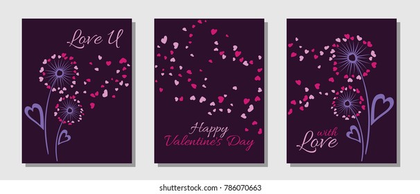 Dandelion flowers valentine template for cards, vector layouts set. With Love, Happy Valentine's Day text on card layouts. Heart shaped flying petals, love symbols. Dandelion blowing and text in pink.
