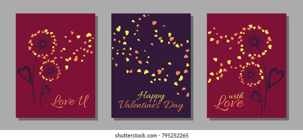 Dandelion flowers valentine template for cards, vector layouts set. With Love, Happy Valentine's Day text, card layouts. Heart shaped flying petals, love symbols. Dandelion blowing on dark background.