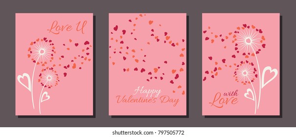 Dandelion flowers valentine template for cards, vector layouts set. With Love, Happy Valentine's Day text on card layouts. Heart shaped flying petals, love symbols. Dandelion blowing and text.