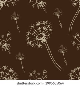 Flores de Dandelion flores silvestres gráfico vectorial ilustración a mano. Imprimir hojas retro vintage textil hojas semillas libro de coloración de mosca para los niños lindos dibujos animados plantas naturales sin soldadura

