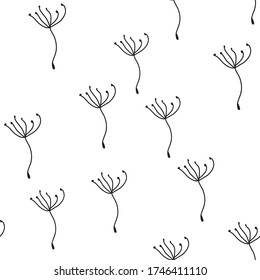 Dandelion Fluff Black and white Seamless background illustration with flying dandelion seeds surface pattern