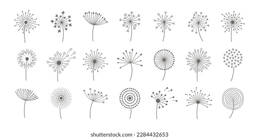 Iconos floridos y floridos de Dandelion. Diseño floral. Las flores de verano florecen. Búbol. Hermosa cabeza de semilla redonda decorativa. Ilustraciones aisladas de color