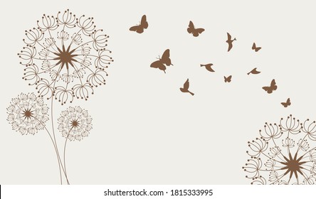 Dandelion with flying birds and butterfly. Vector isolated decoration element from scattered silhouettes.