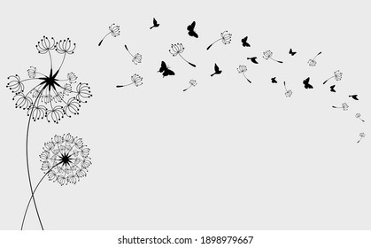 Dandelion with flying butterflies bird and seeds, vector illustration