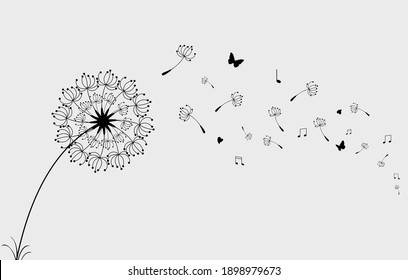 Dandelion with flying butterflies music note and seeds, vector illustration